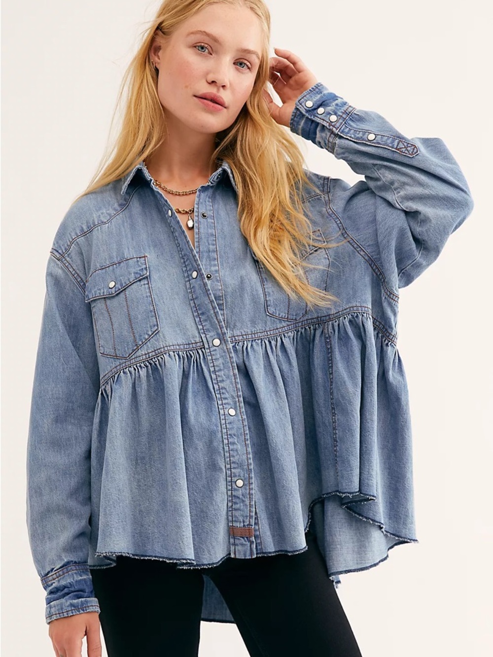 Free People We The Free Dylan Babydoll Chambray Top Size Small - Picture 11 of 11